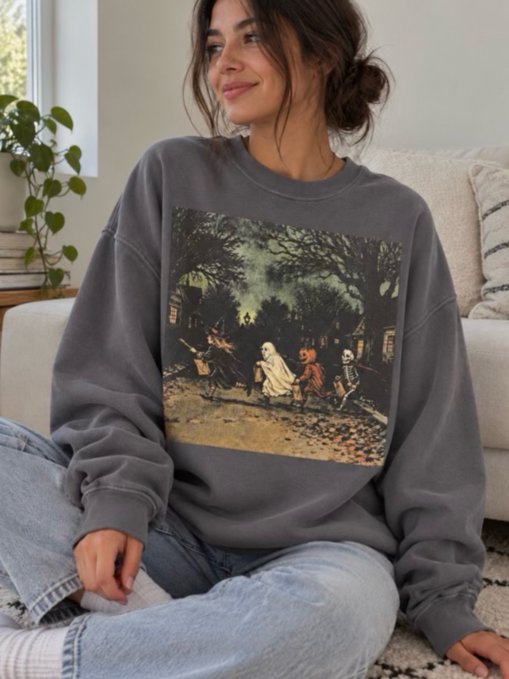 Dark Halloween Sweatshirt Gothic Skeleton & Spooky Witch Graphic, Ghost Pumpkin
